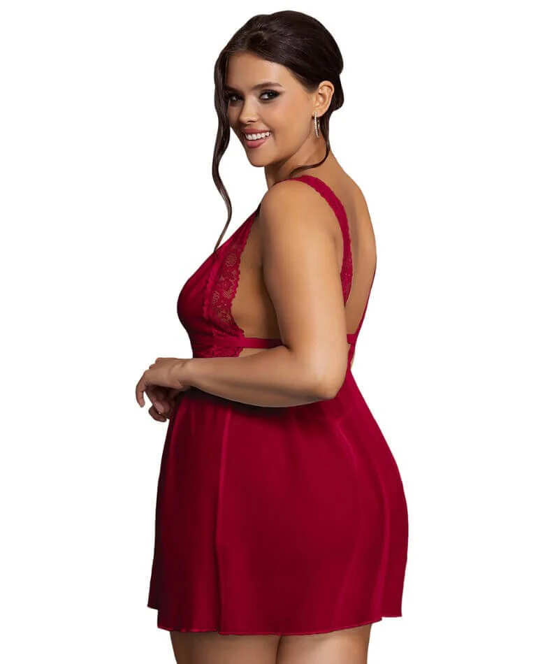 Curvy Deep V-neck Mesh Babydoll - Burgundy - Image 2