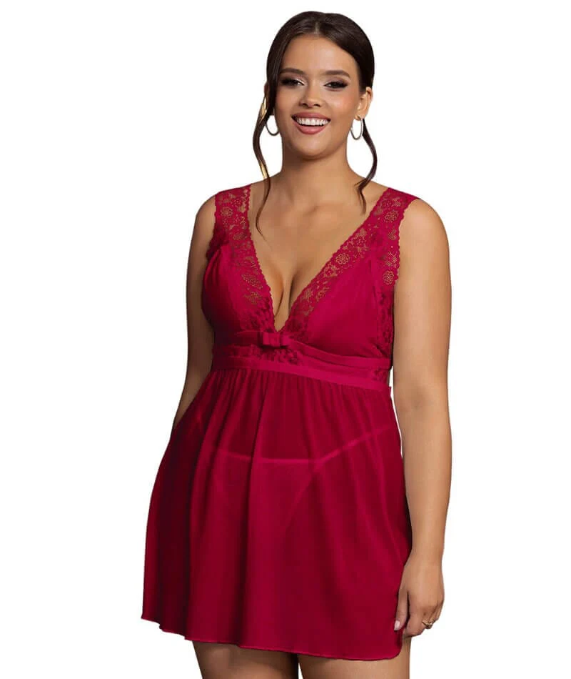 Curvy Deep V-neck Mesh Babydoll - Burgundy - Image 3