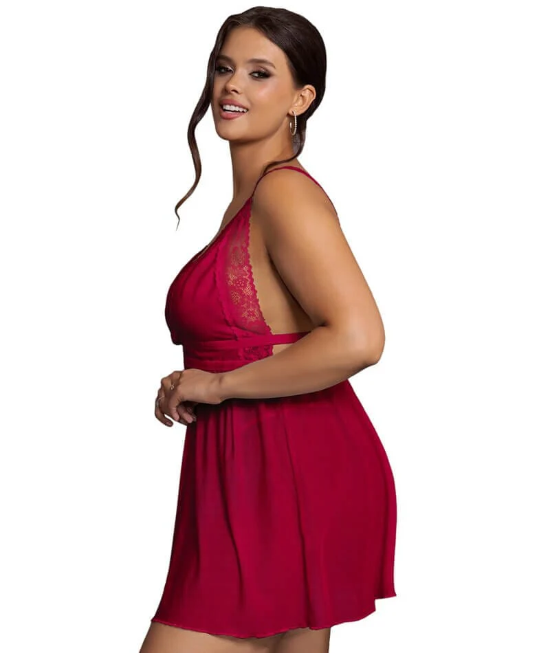 Curvy Deep V-neck Mesh Babydoll - Burgundy - Image 4