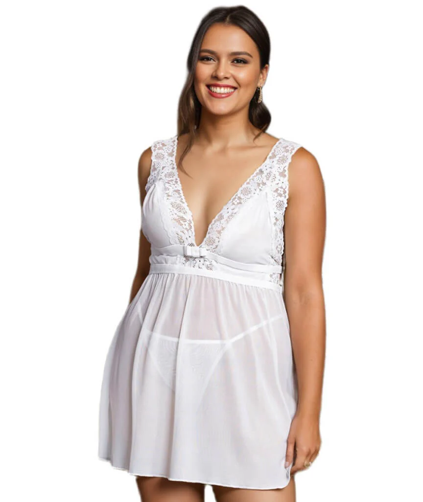 Curvy Deep V-neck Mesh Babydoll - White - Image 2