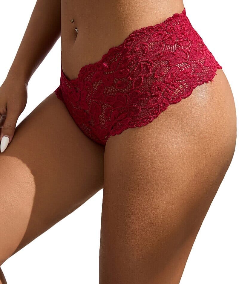 Curvy Floral Lace Brief - Red - Image 3
