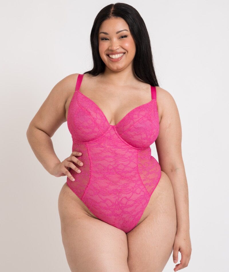 Curvy Kate All Night Lace Plunge Bodysuit - Hot Pink/Blush