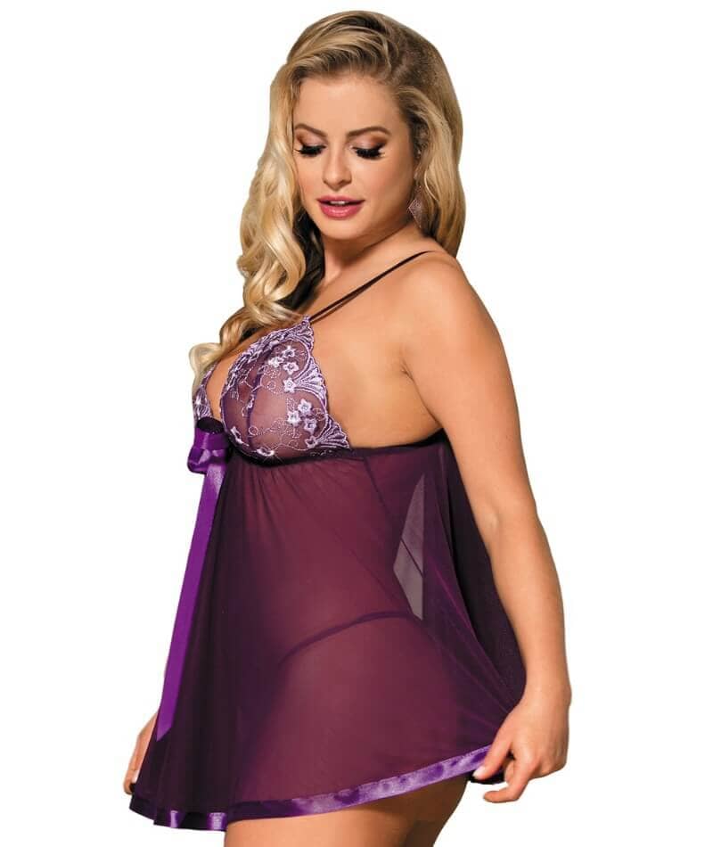 Curvy Mesh & Lace Cup Babydoll Nightdress with G-String - Purple - Image 5