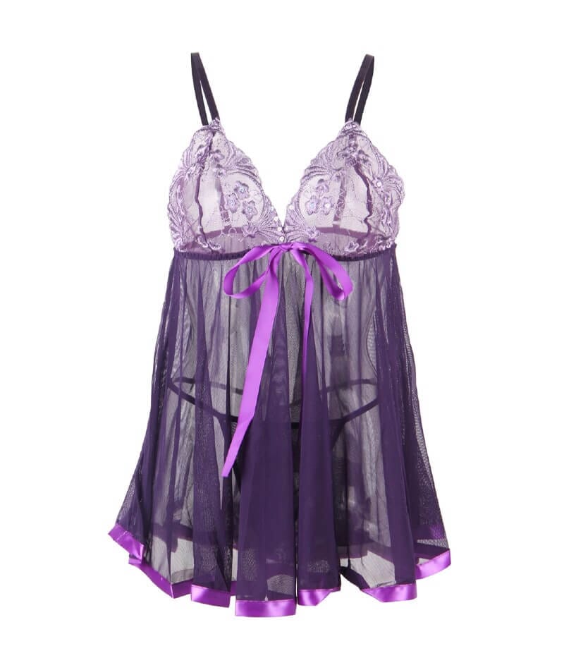 Curvy Mesh & Lace Cup Babydoll Nightdress with G-String - Purple - Image 6