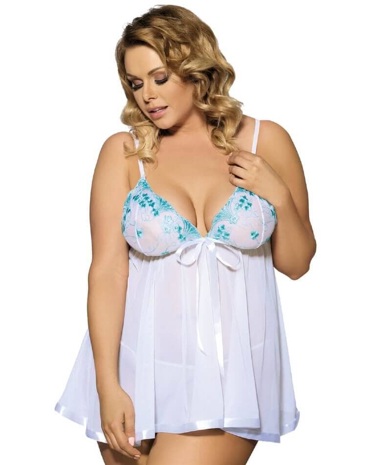 Curvy Mesh & Lace Cup Babydoll Nightdress with G-String - White