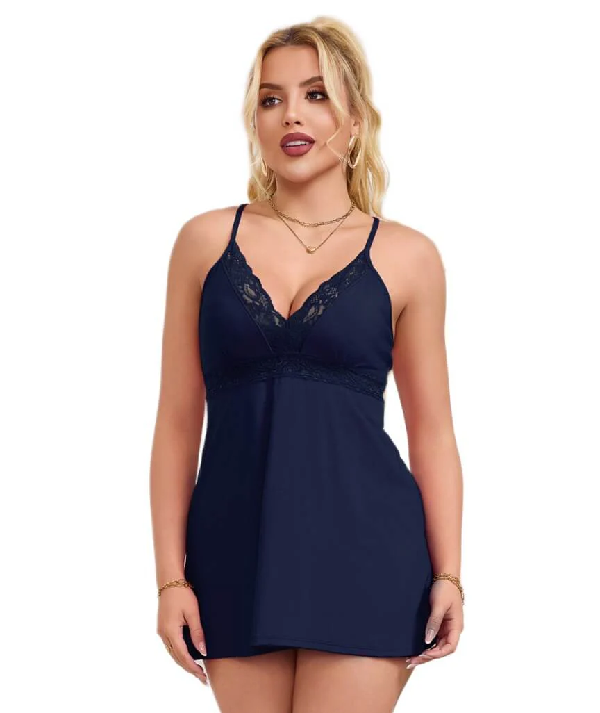 Curvy Modal Lace Deep V-Neck Suspender Nightdress - Blue - Image 2