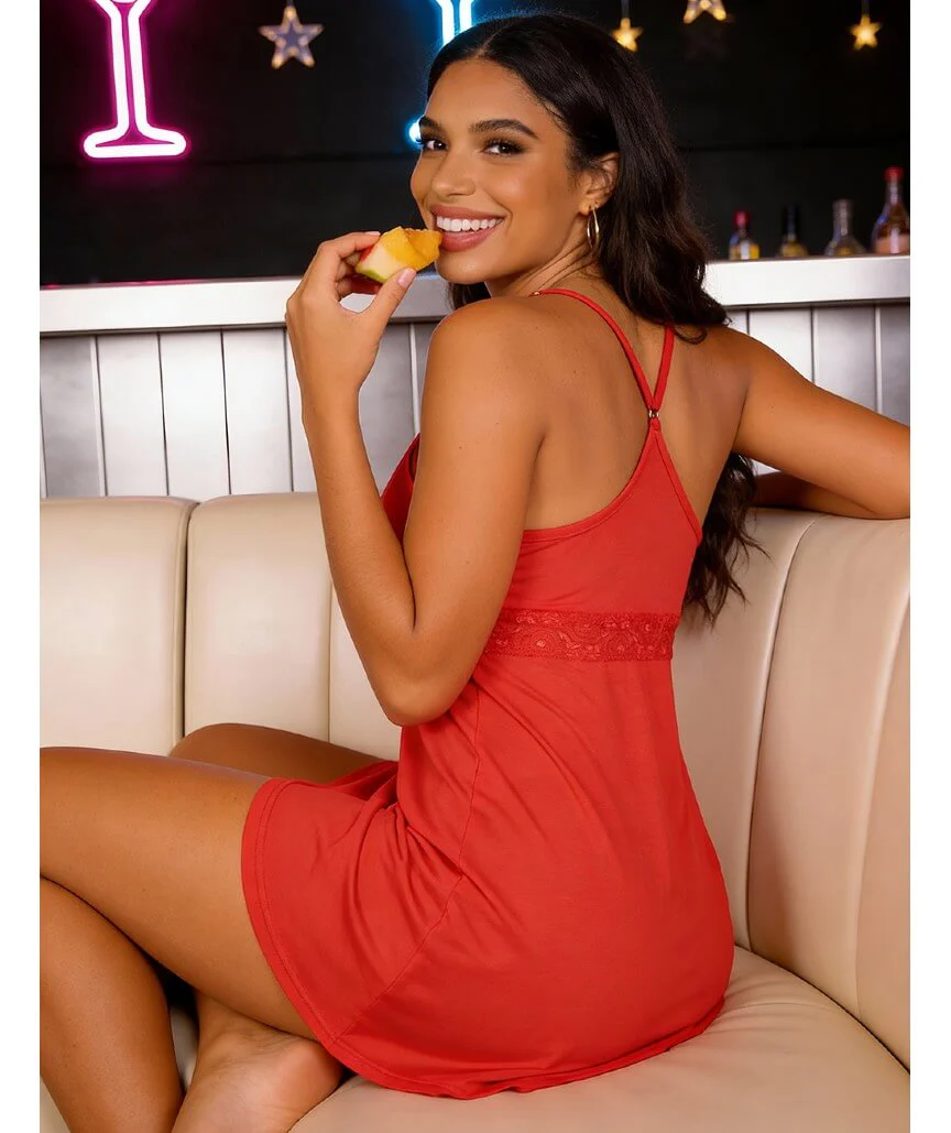 Curvy Modal Lace Deep V-Neck Suspender Nightdress - Red - Image 10