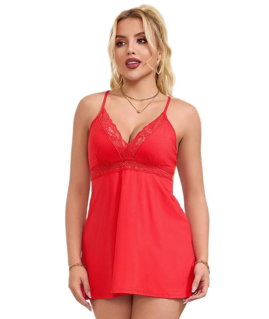 Curvy Modal Lace Deep V-Neck Suspender Nightdress - Red - Image 2