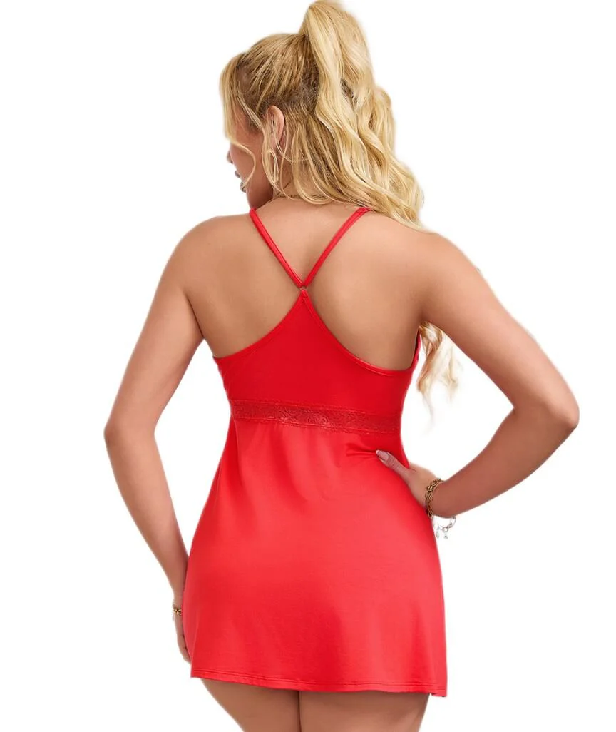 Curvy Modal Lace Deep V-Neck Suspender Nightdress - Red - Image 3