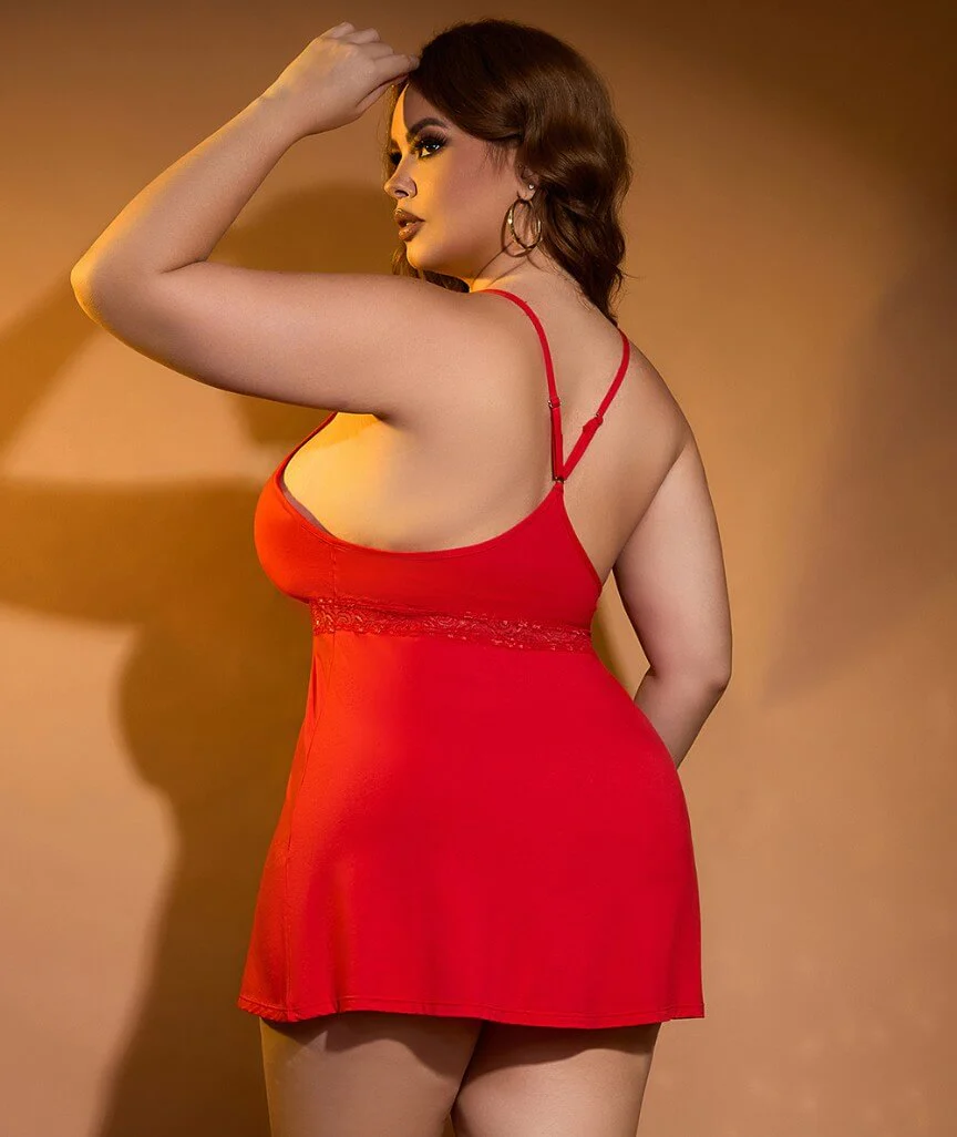 Curvy Modal Lace Deep V-Neck Suspender Nightdress - Red - Image 7
