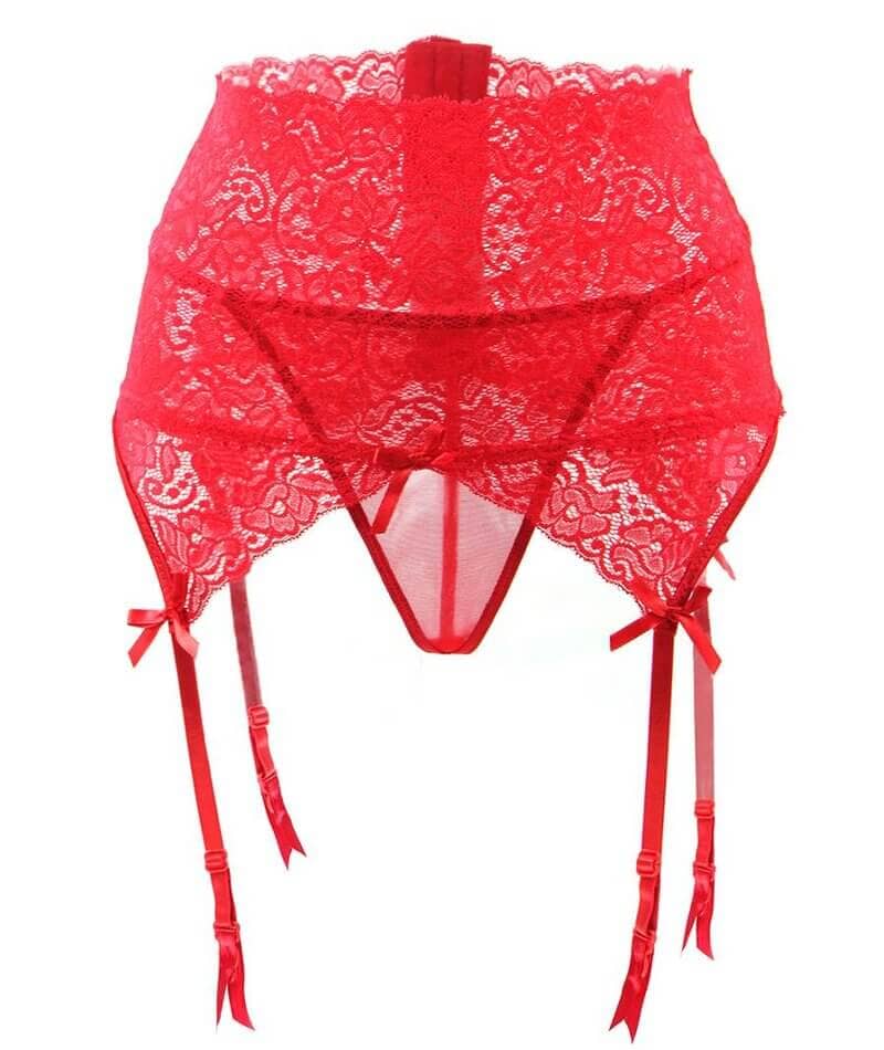 Curvy Wide Lace Suspender with G-String - Red - Image 6