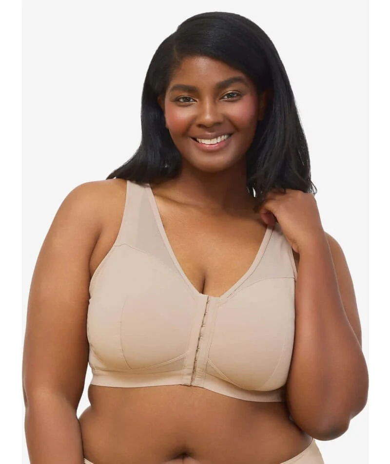 Leading Lady Harper Plus Size Back Smoothing Wirefree Front Close Bra - Sand