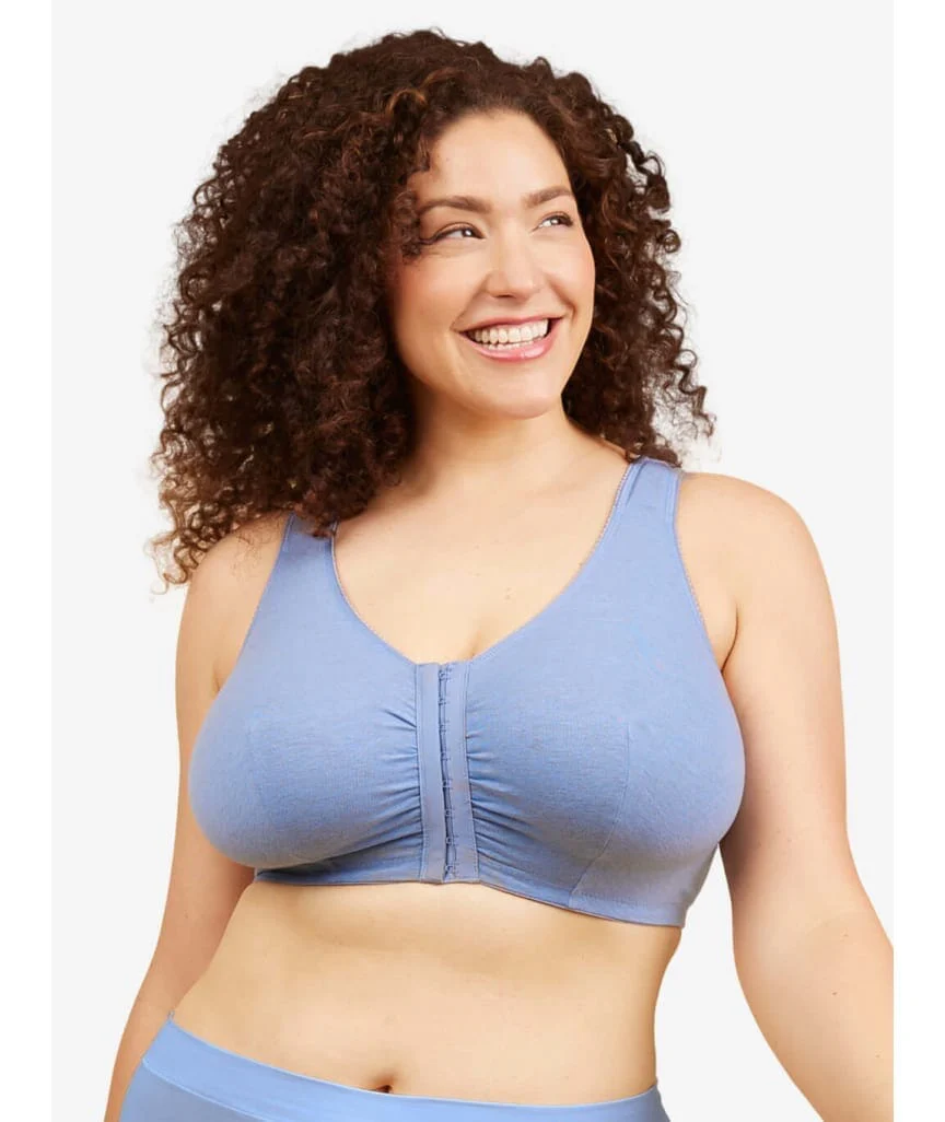 Leading Lady The Meryl Cotton Front Opening Wire-free Leisure Bra - Heather Denim Blue